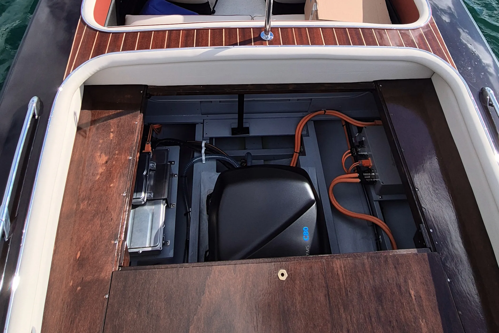 Open hatch showing NT Systems propulsion installed in a classic wooden boat