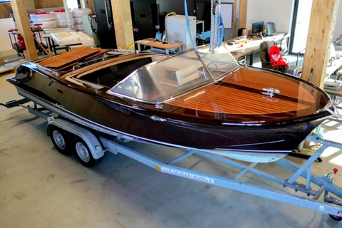 Classic Pedrazzini Capri wooden vessel prepared for electric propulsion retrofit