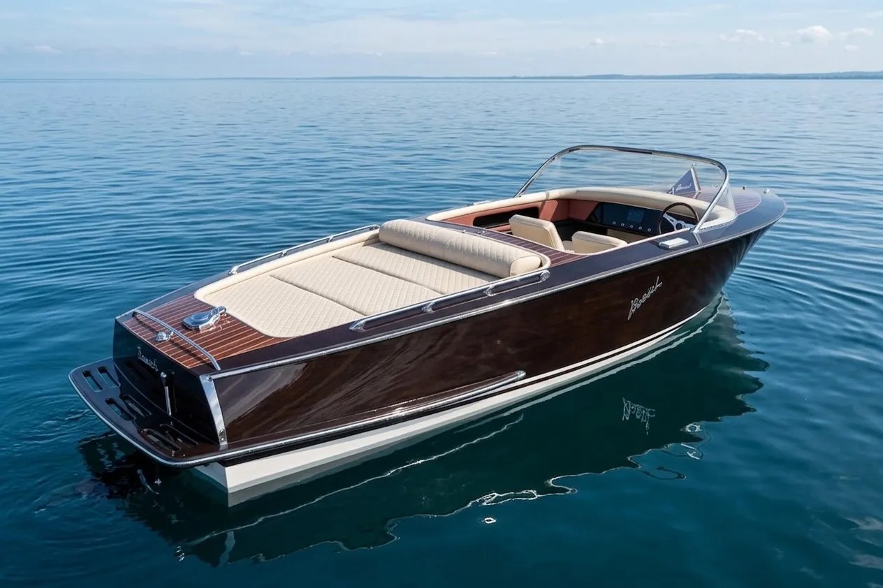 Fully renovated classic Boesch wooden boat on the water