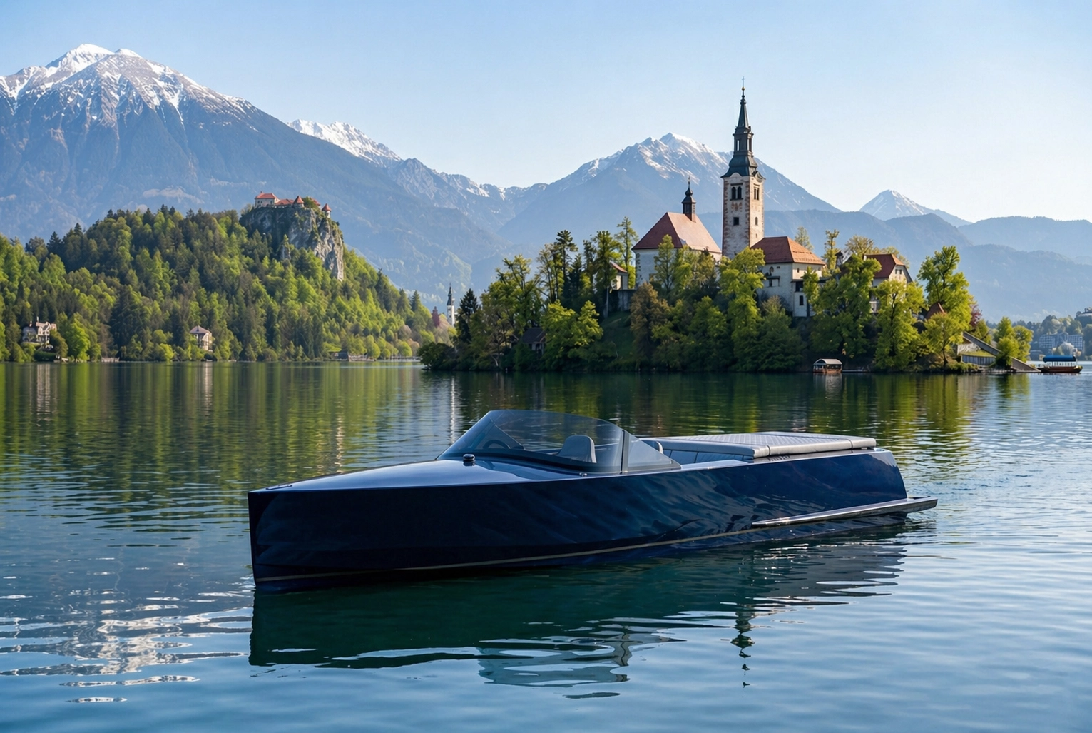 NT Systems electric propulsion setup in a newbuild vessel project, placed on a lake Bled in Slovenia with the help of AI